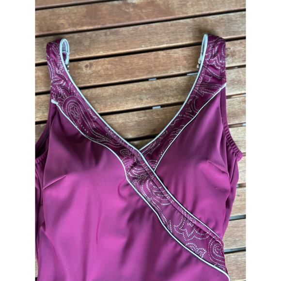 Roxanne One Piece Swimsuit 12/34B Bra Size D Plum Fuchsia Camisole Leotard Mesh - Picture 5 of 6